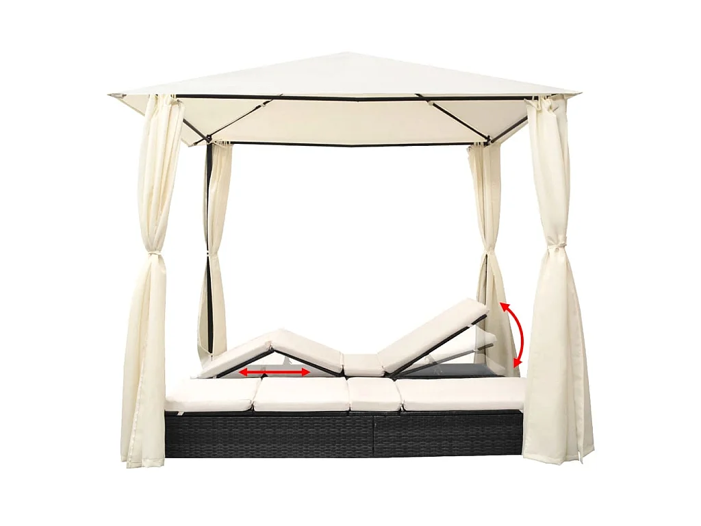Chaise longue double avec rideaux Résine tressée Noir