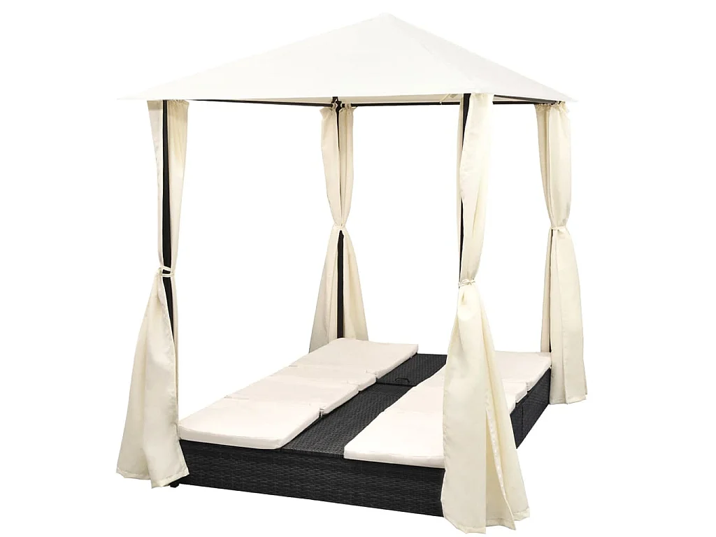 Chaise longue double avec rideaux Résine tressée Noir