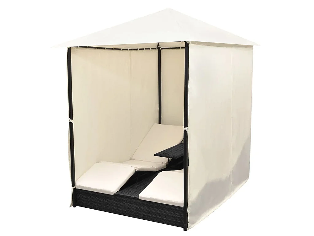 Chaise longue double avec rideaux Résine tressée Noir