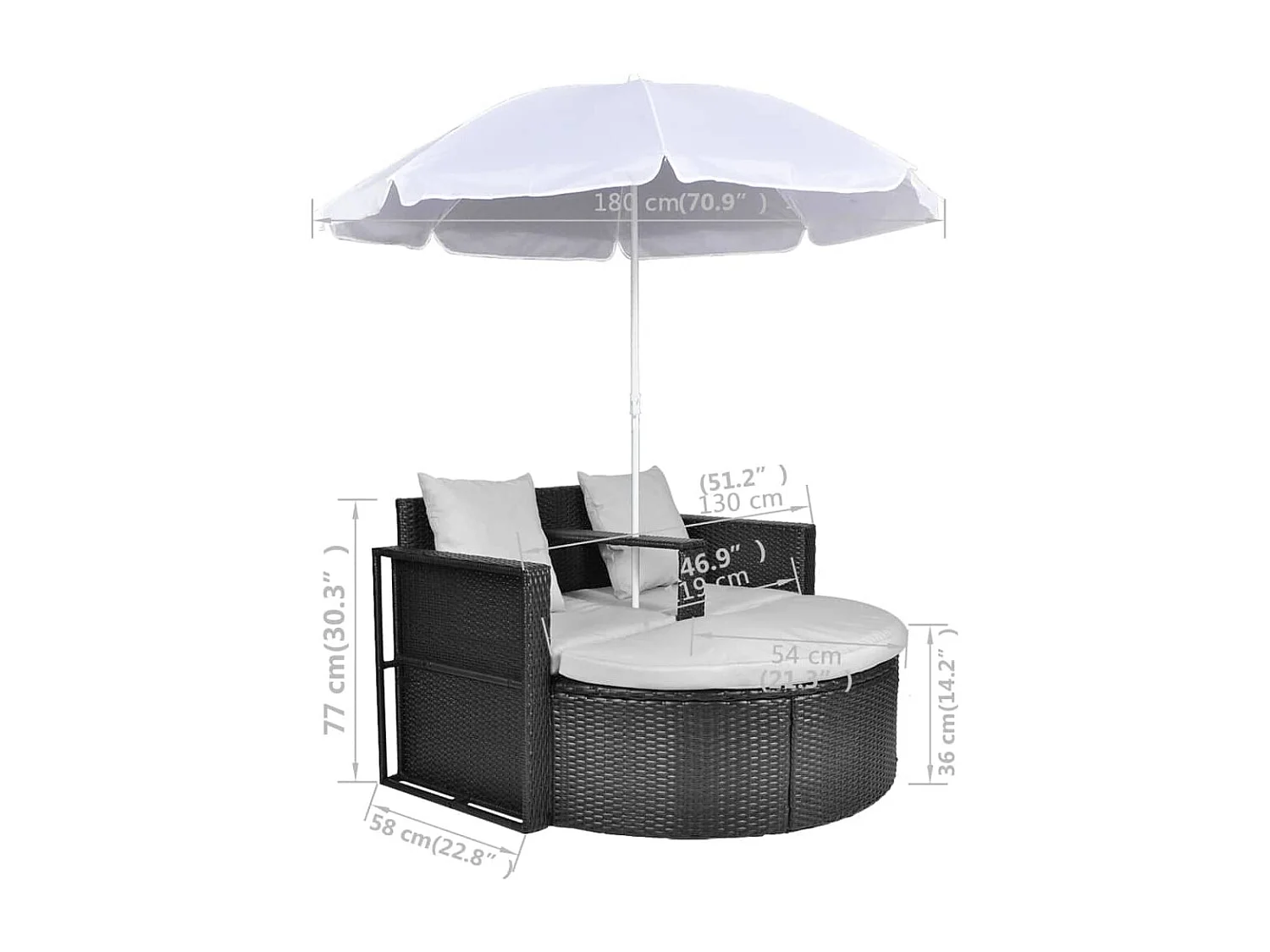 Gartenbett mit Sonnenschirm Braun Poly Rattan