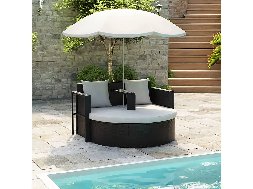Gartenbett mit Sonnenschirm Braun Poly Rattan
