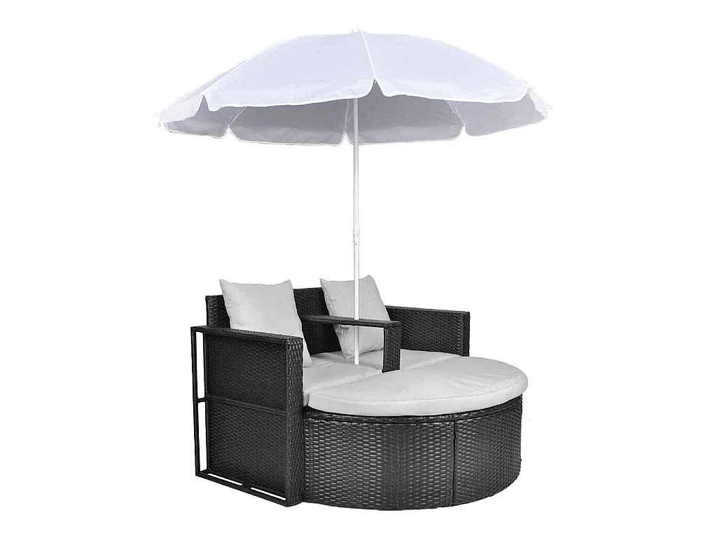 Lit de jardin avec parasol Noir Résine tressée