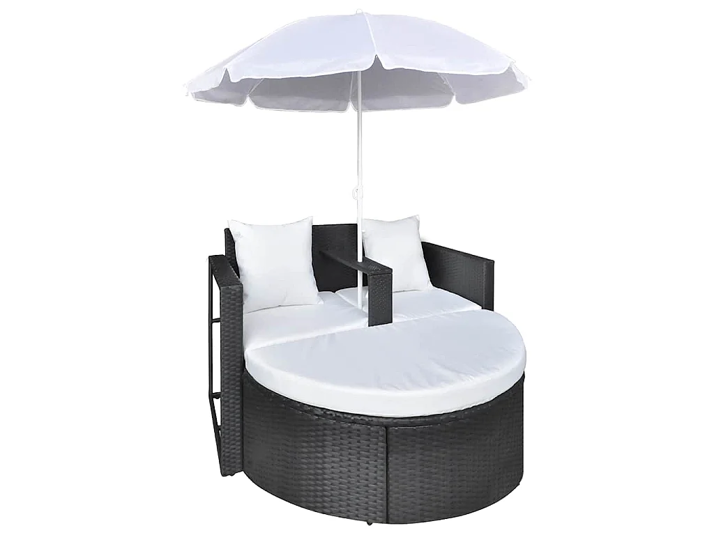 Lit de jardin avec parasol Noir Résine tressée
