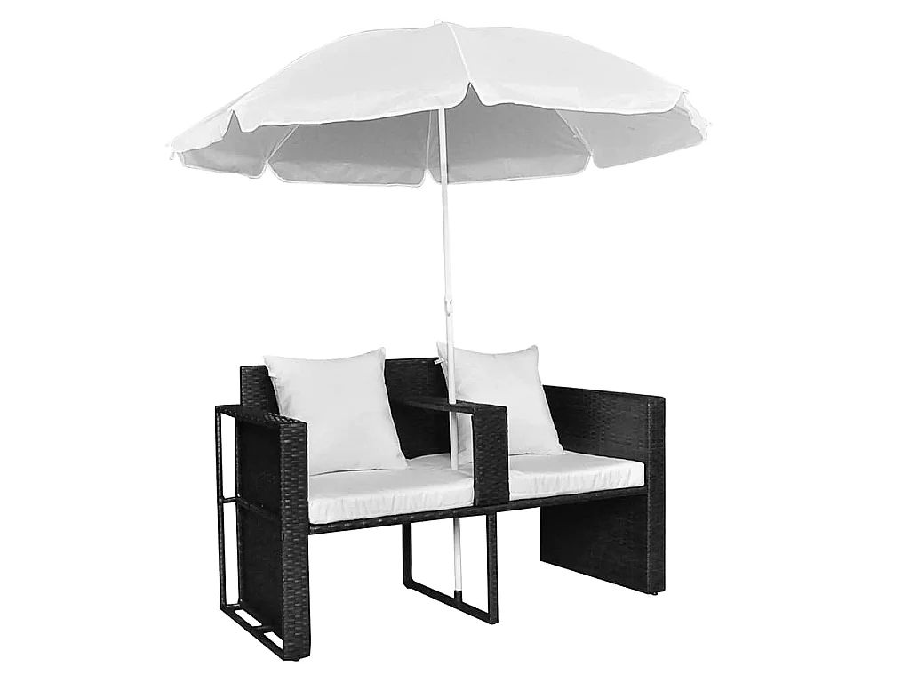 Lit de jardin avec parasol Noir Résine tressée