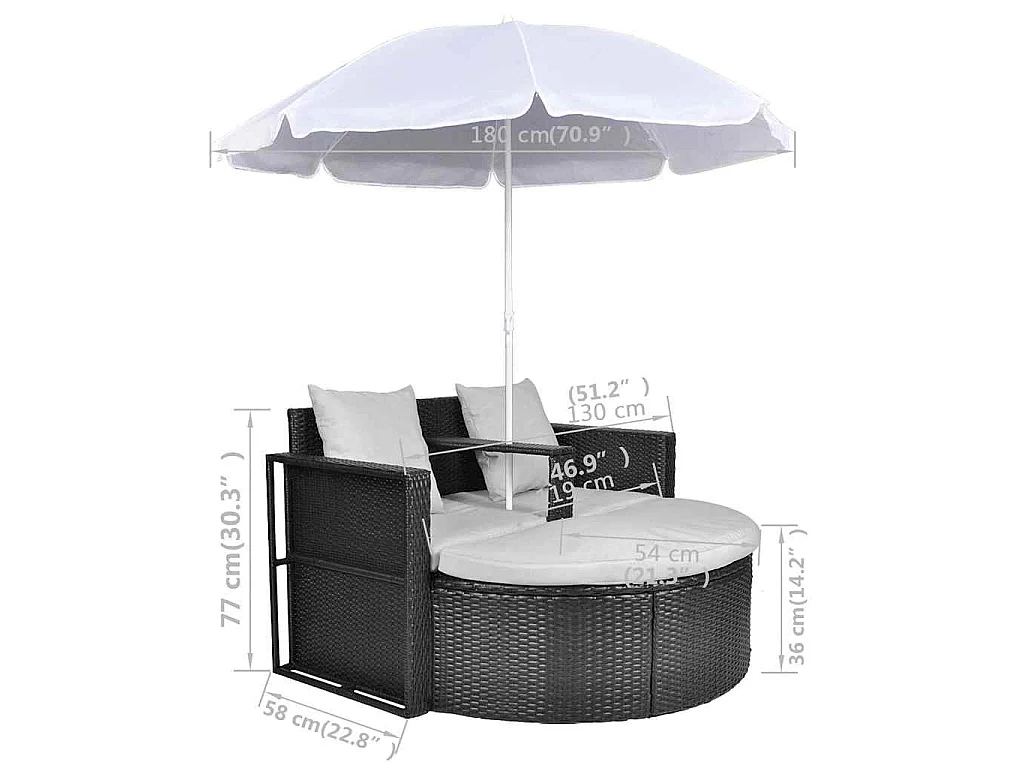 Lit de jardin avec parasol Noir Résine tressée