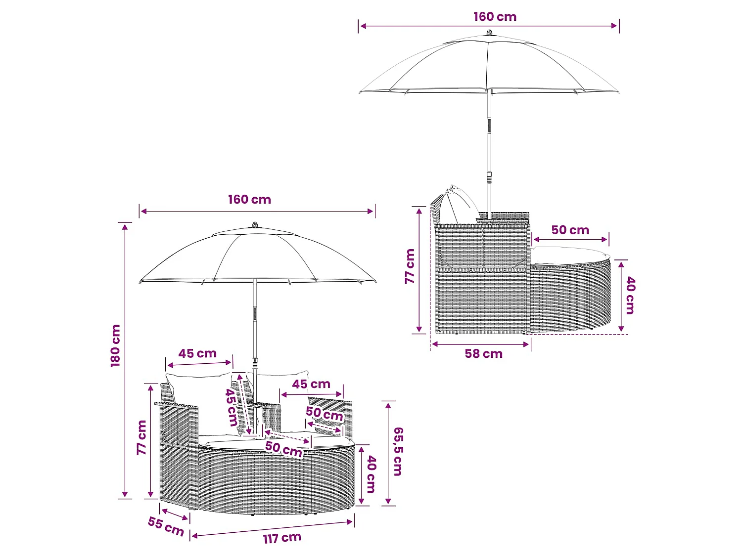 Lit de jardin avec parasol Noir Résine tressée