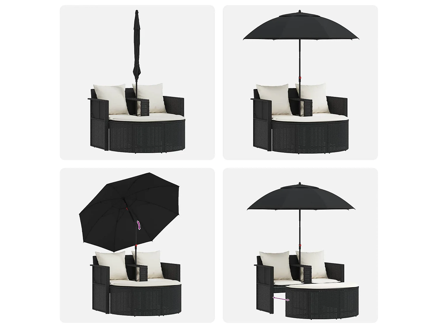 Lit de jardin avec parasol Noir Résine tressée