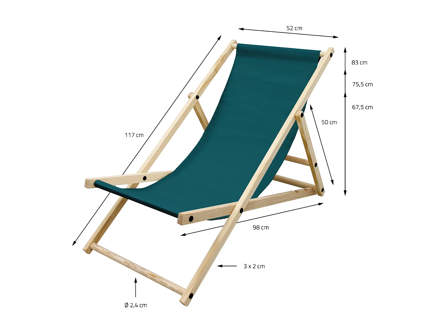 Set 2x Chaise longue de jardin pliable vert en bois chiliennes 3 positions de couchage  jusqu'à 120 kg usage intérieur et extérieur balcon terrasse