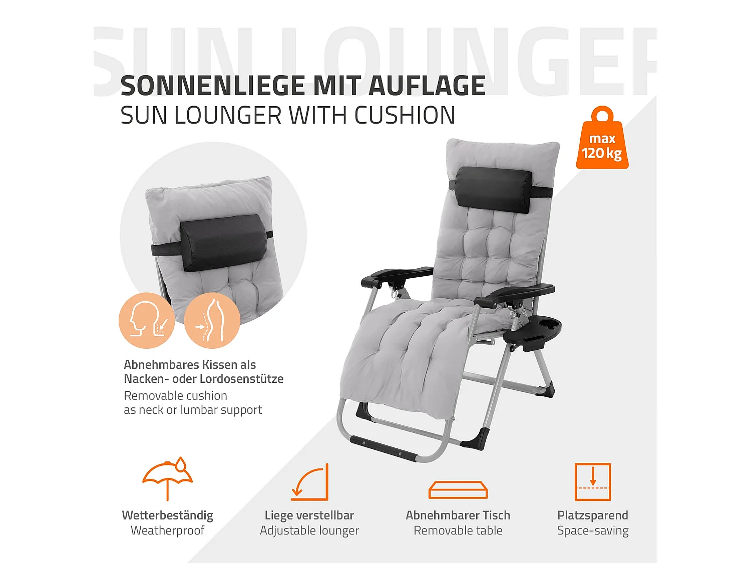 2x Tumbona plegable gris sillón con cojín cervical silla ajustable portabebidas