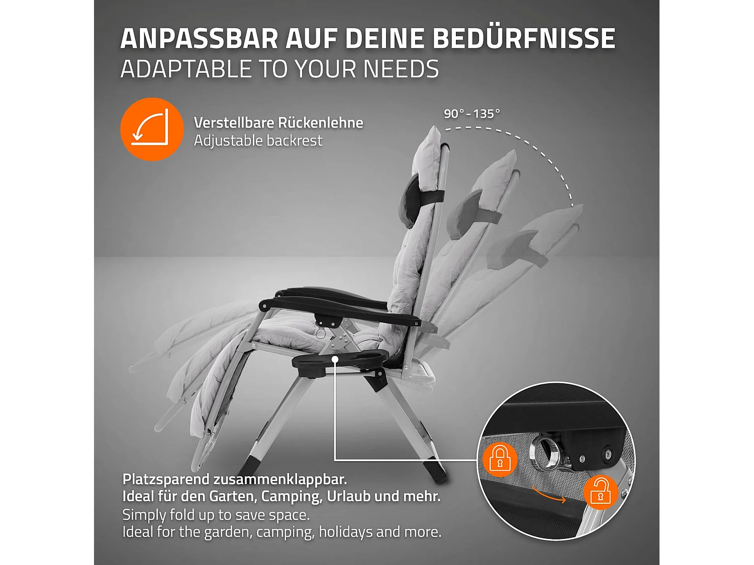 2x Tumbona plegable gris sillón con cojín cervical silla ajustable portabebidas