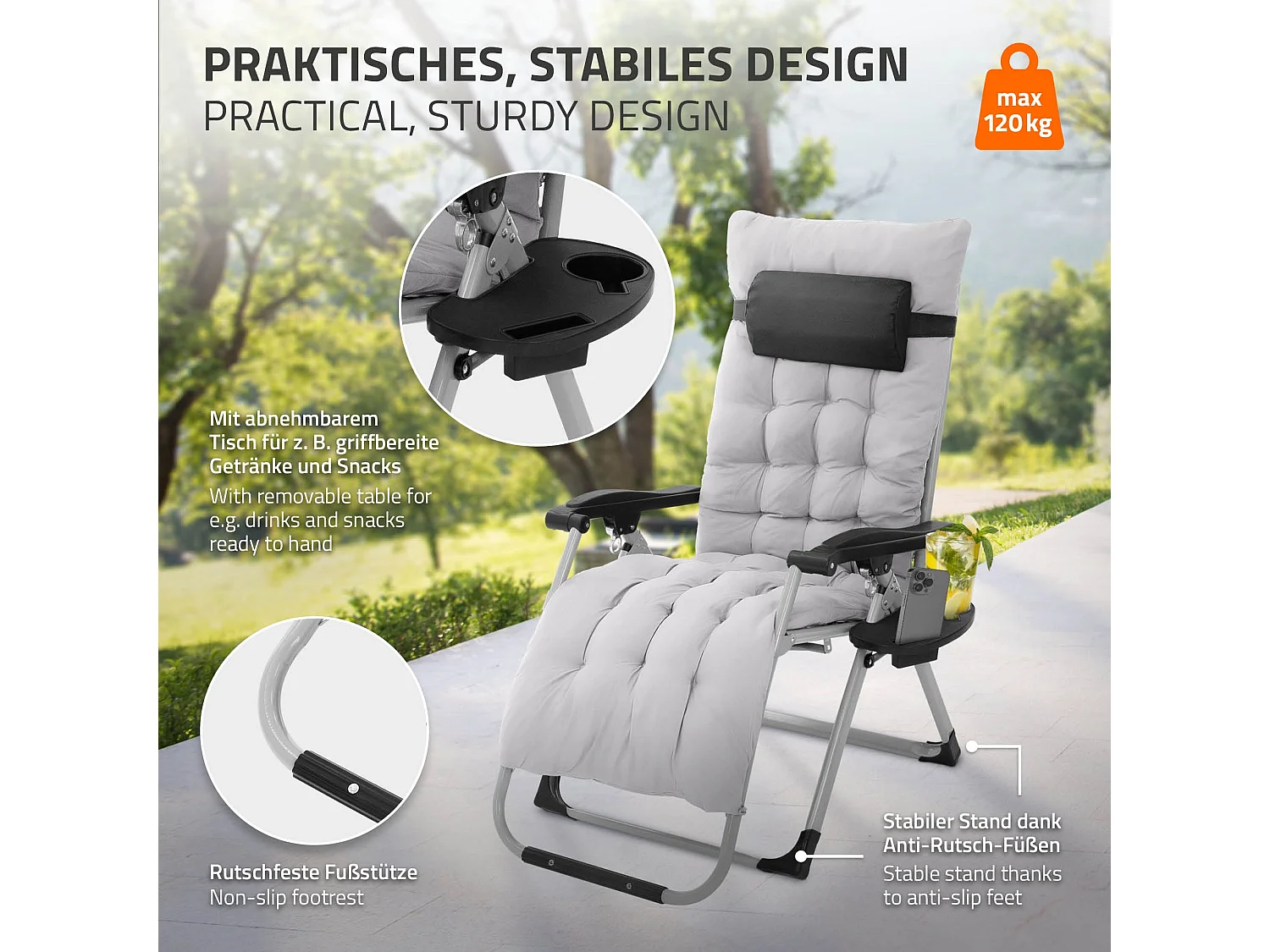 2x Tumbona plegable gris sillón con cojín cervical silla ajustable portabebidas