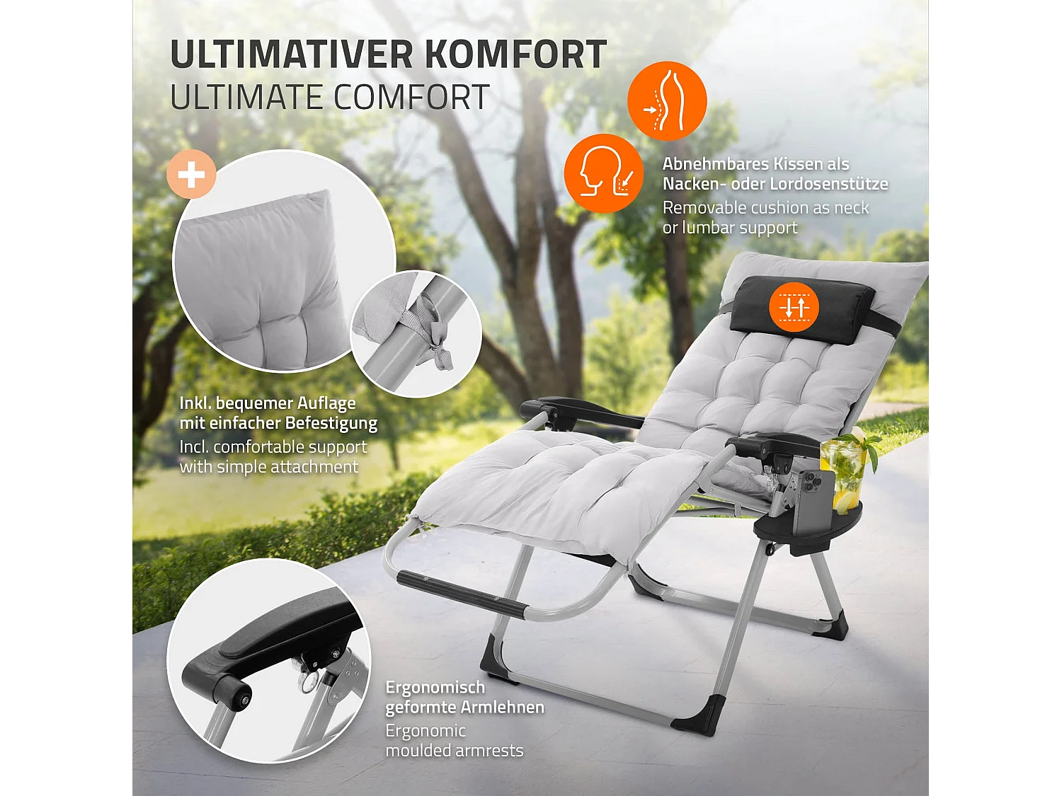 2x Tumbona plegable gris sillón con cojín cervical silla ajustable portabebidas