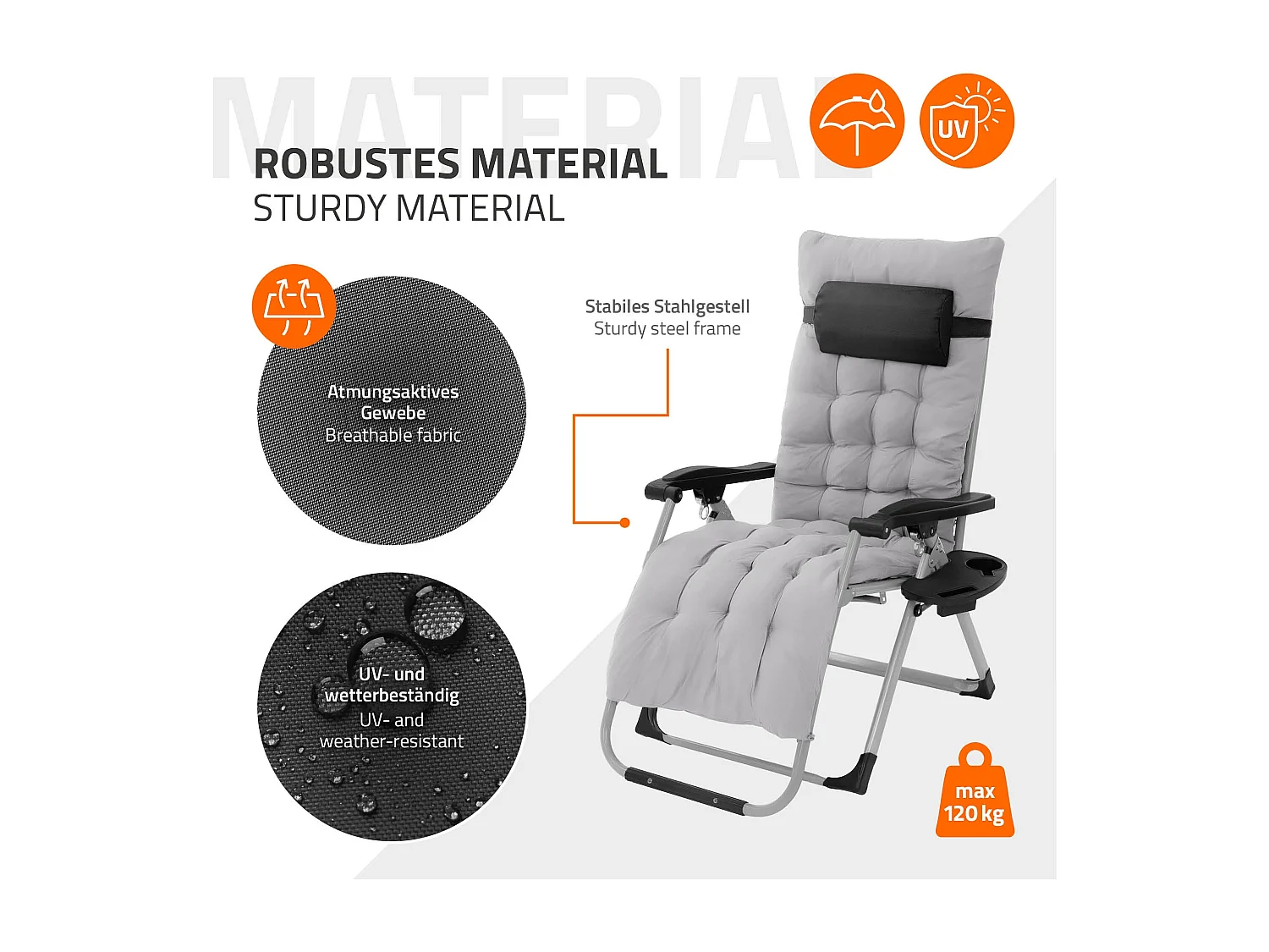 2x Tumbona plegable gris sillón con cojín cervical silla ajustable portabebidas