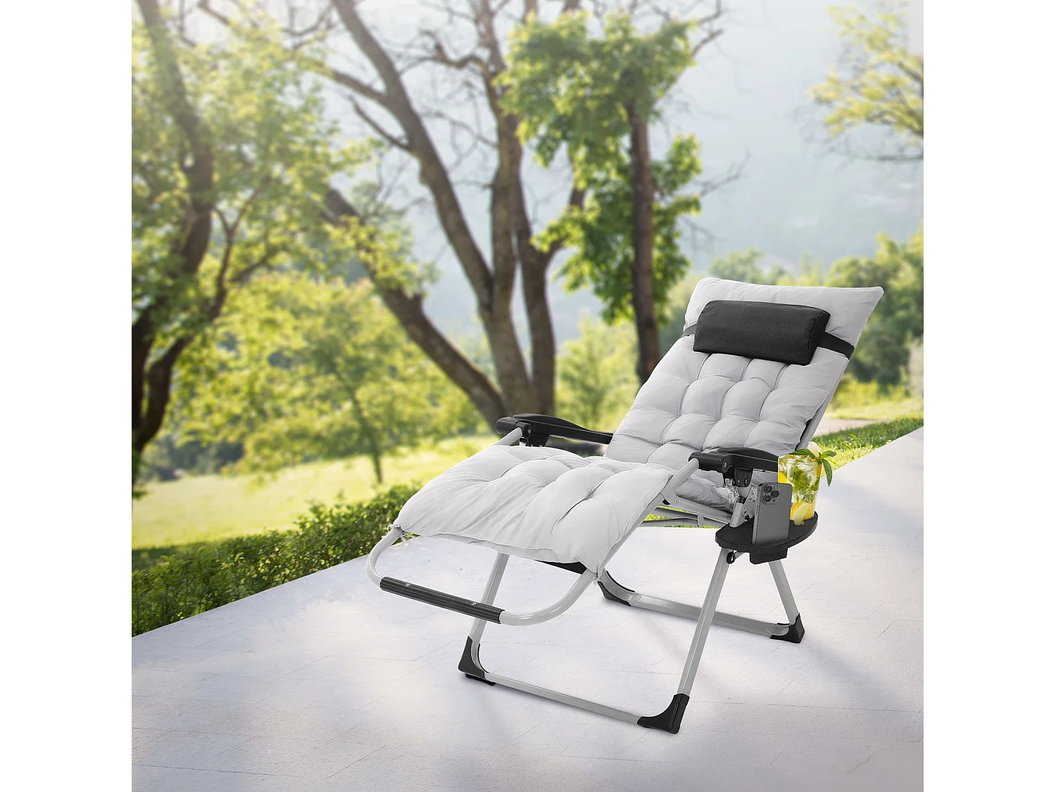 2x Tumbona plegable gris sillón con cojín cervical silla ajustable portabebidas