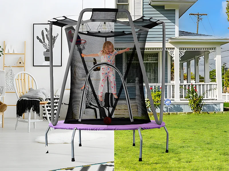 Trampolín con aro de baloncesto - interior y exterior - estructura de acero galvanizado - Púrpura