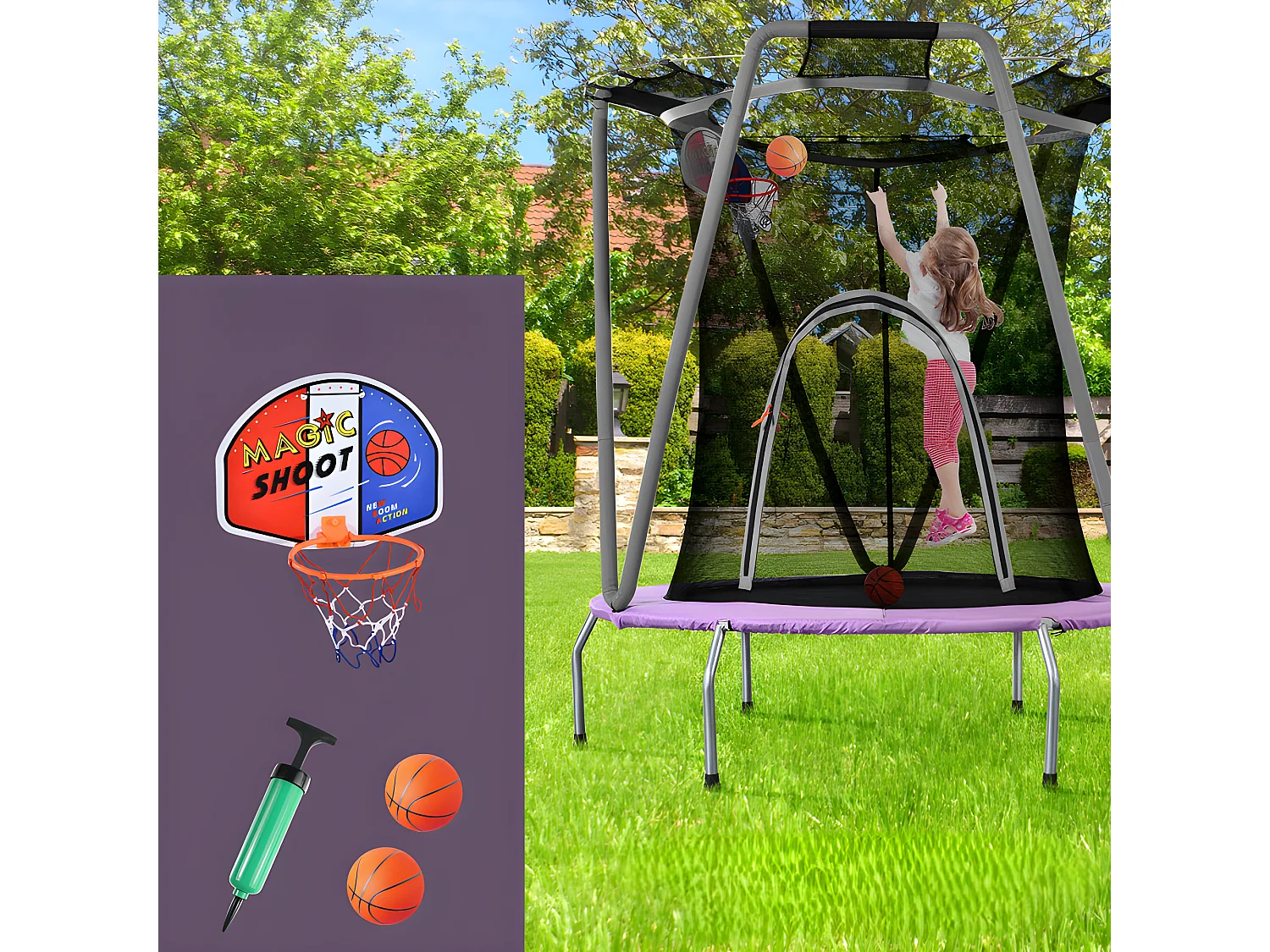 Trampoline met basketbalring - binnen en buiten - gegalvaniseerd stalen frame - Paars