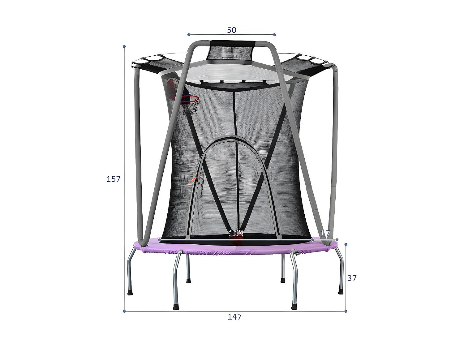 Trampoline met basketbalring - binnen en buiten - gegalvaniseerd stalen frame - Paars
