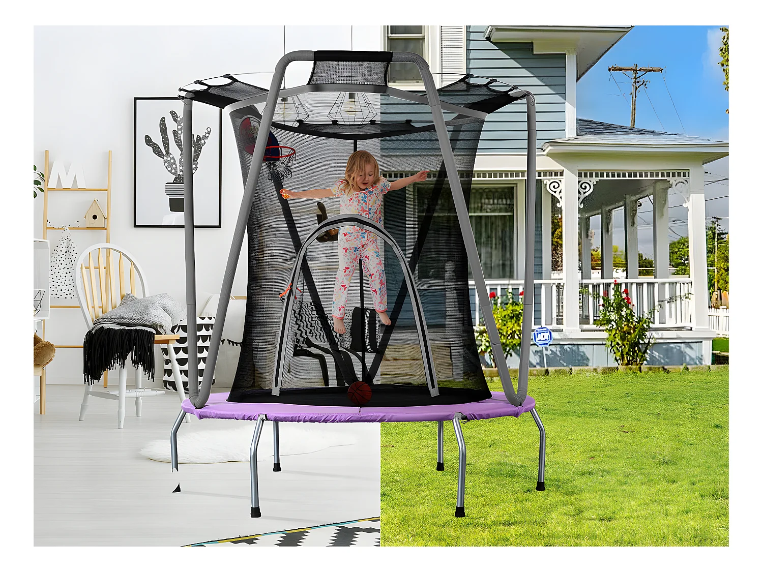 Trampoline avec panier de basket - à l'intérieur et l'extérieur - structure en acier galvanisé - Violet