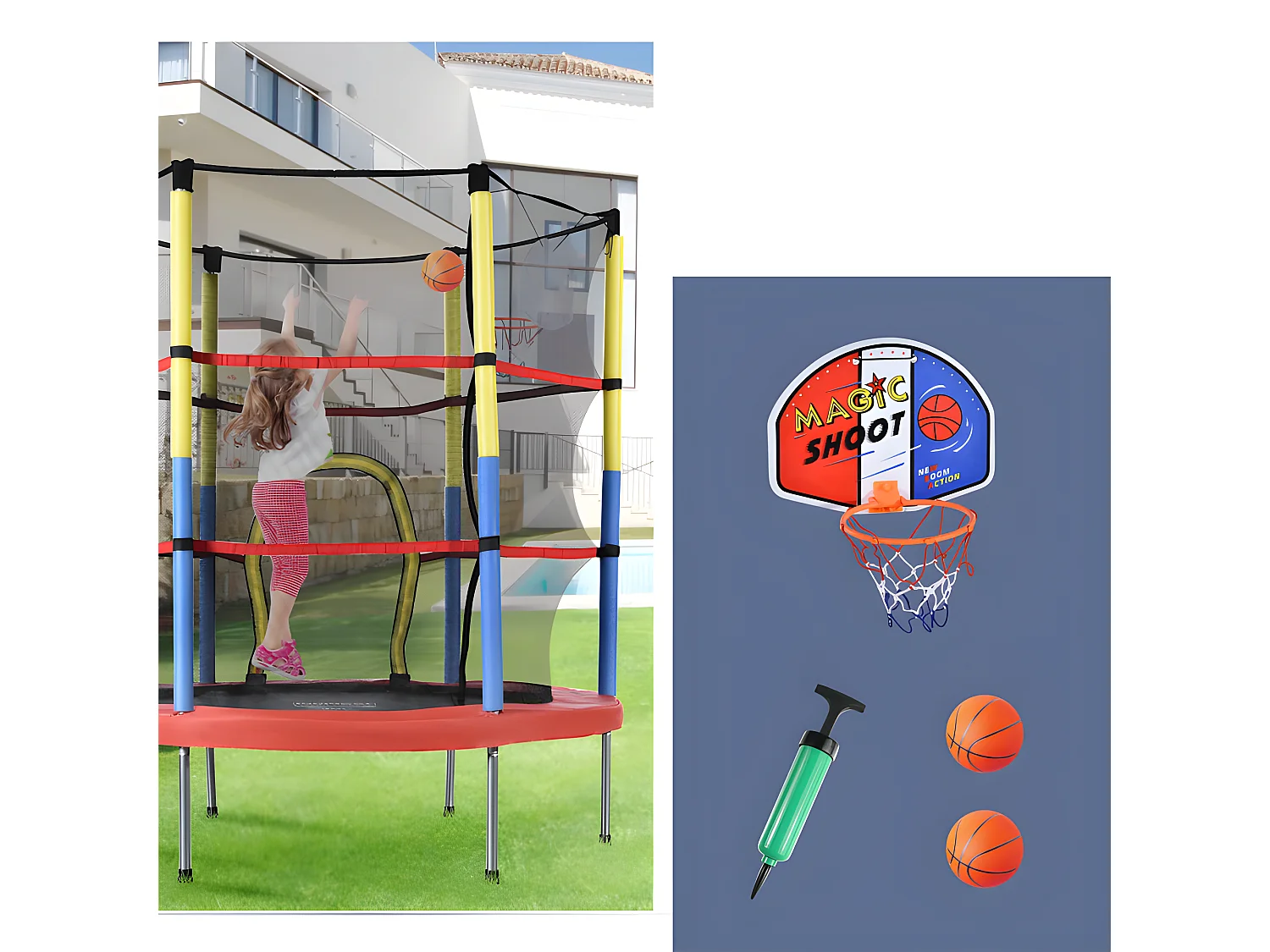 Trampoline avec panier de basket - à l'intérieur et l'extérieur - structure en acier galvanisé - Multicolore