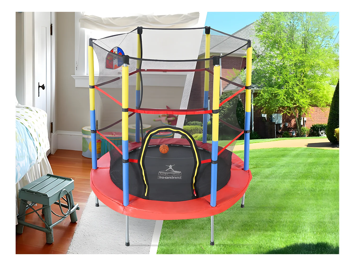 Trampoline met basketbalring - binnen en buiten - gegalvaniseerde stalen structuur - Meerkleurig