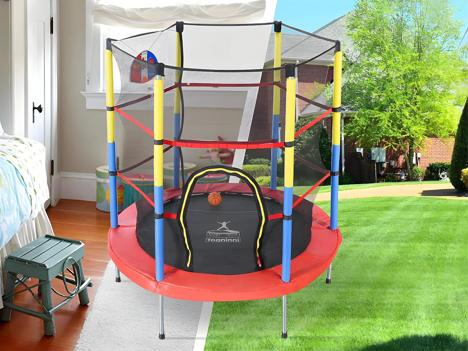 Trampolino con canestro da basket - da interno e da esterno - struttura in acciaio zincato - Multicolor