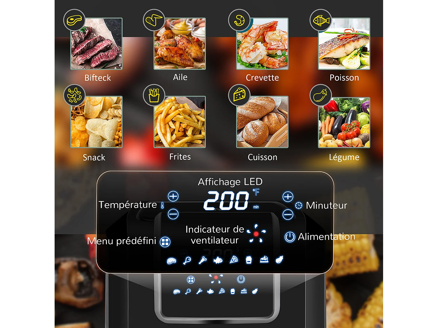 Friteuse à air 1700W 6,5L - air fryer multifonction 8 programmes - température réglable - timer 60 min. - gris noir
