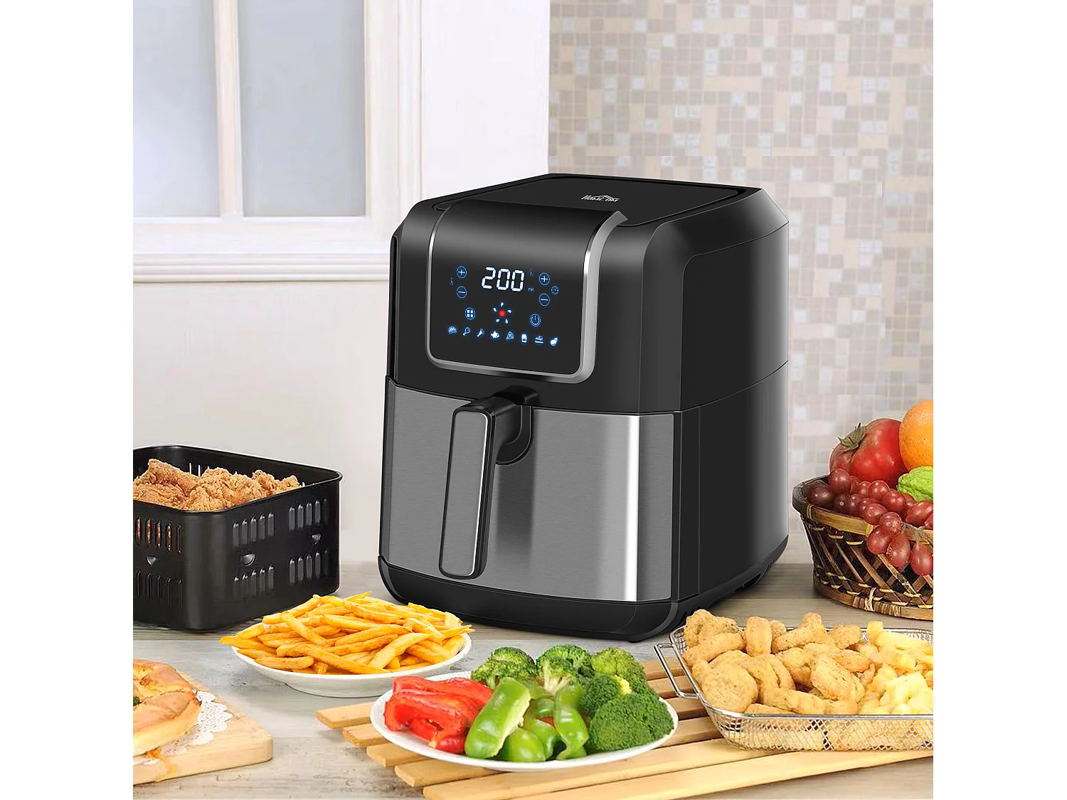Friteuse à air 1700W 6,5L - air fryer multifonction 8 programmes - température réglable - timer 60 min. - gris noir