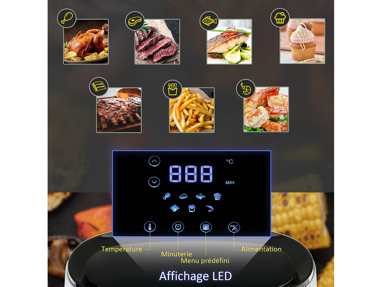Friteuse sans huile air fryer 1300 W 2,5 L avec affichage numérique, 7 programmes, température réglable, minuterie et panier antiadhésif blanc noir
