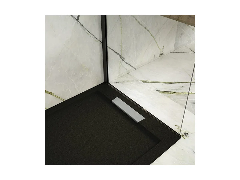 Mineralguss-Duschwanne extra flach LUX Schieferoptik schwarz 90x120cm Edelstahl in chrom