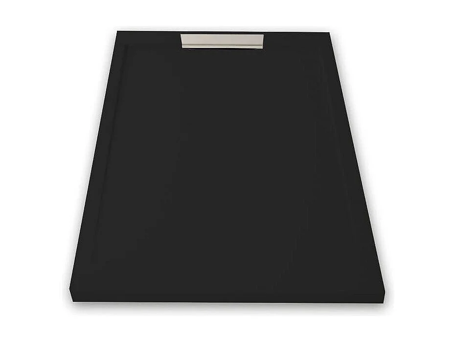 Mineralguss-Duschwanne extra flach LUX Schieferoptik schwarz 90x120cm Edelstahl in chrom