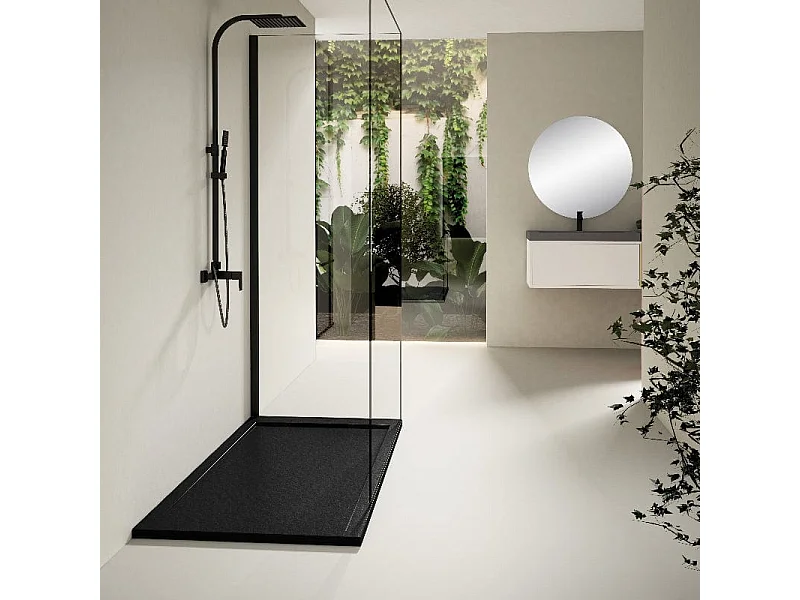 Mineralguss-Duschwanne extra flach LUX Schieferoptik schwarz 70x100cm Edelstahl in chrom Ablaufschutz in Chrom