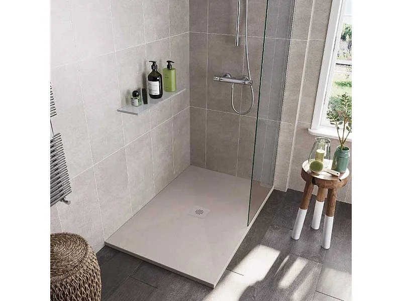 Mineralguss-Duschwanne extra flach DEXA Schieferoptik BEIGE 70x140 cm  Auslaufschutz in Farbe