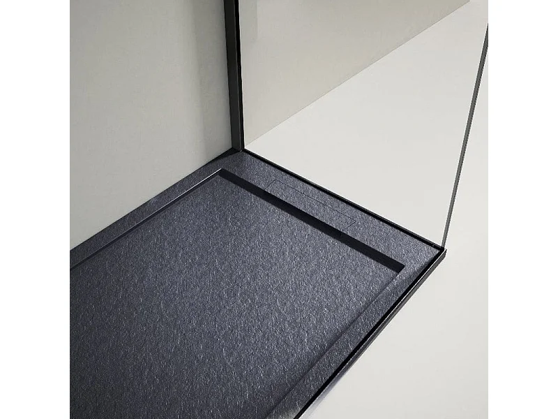 Mineralguss-Duschwanne extra flach LUX Schieferoptik anthrazit 70x140cm Edelstahl in gleicher Farbe