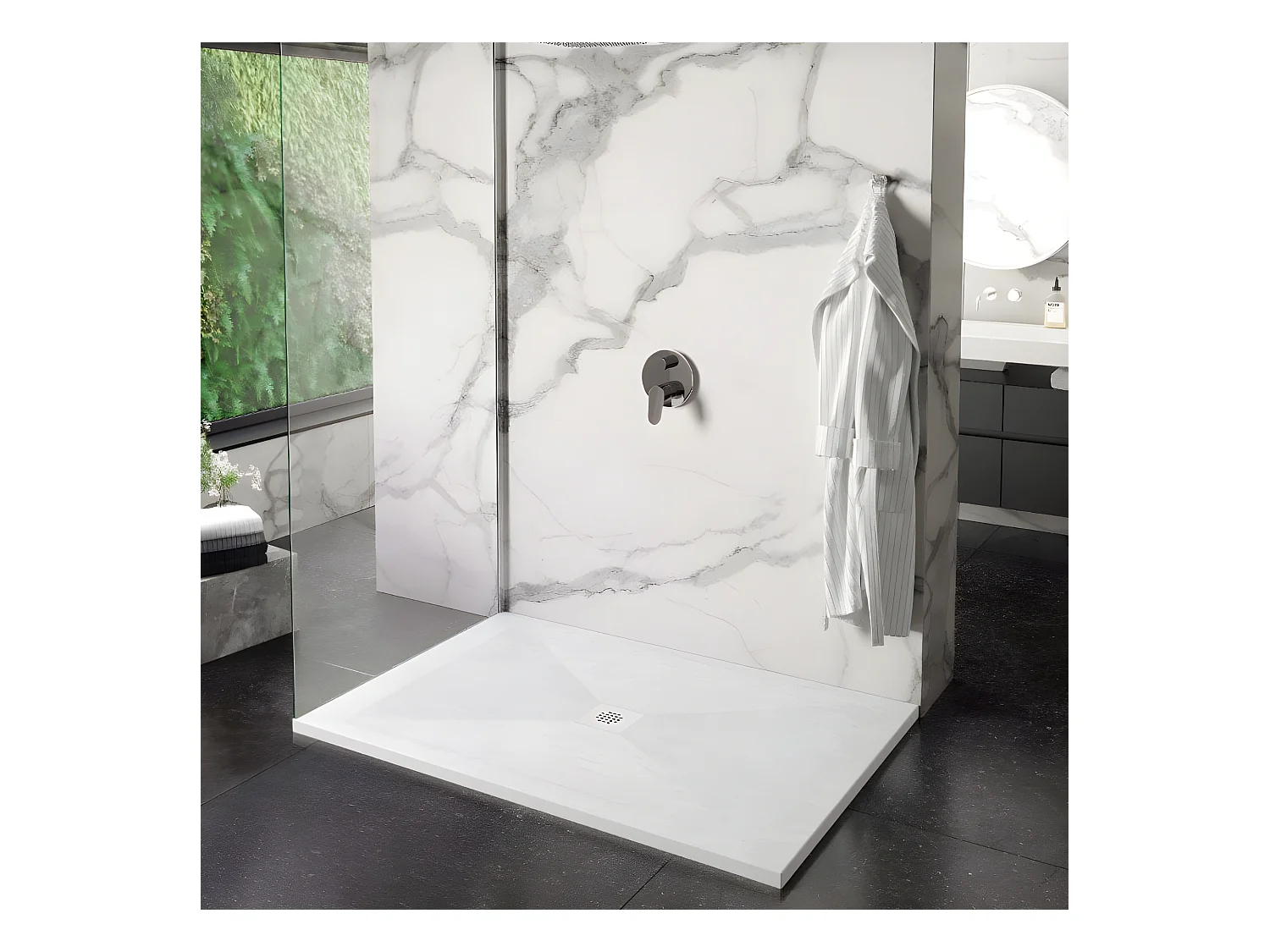 Mineralguss-Duschwanne extra flach DEXA Schieferoptik WEIß 80x160 cm