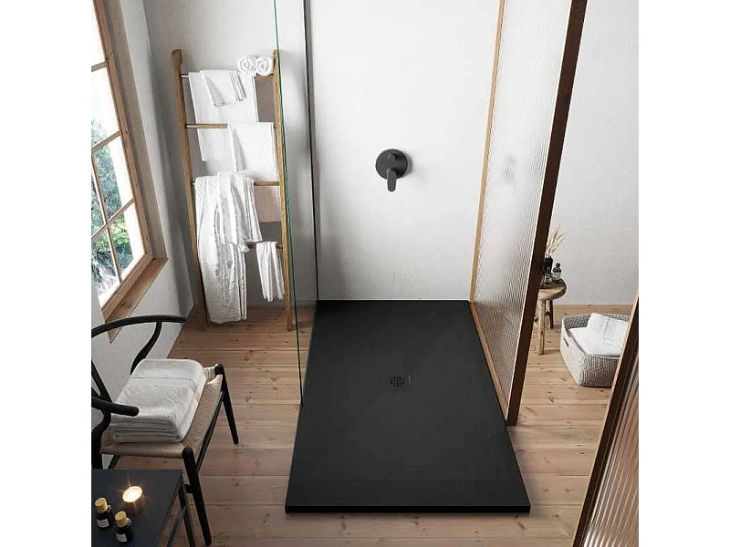 Mineralguss-Duschwanne extra flach DEXA Schieferoptik SCHWARZ 70x210 cm  Auslaufschutz in Farbe