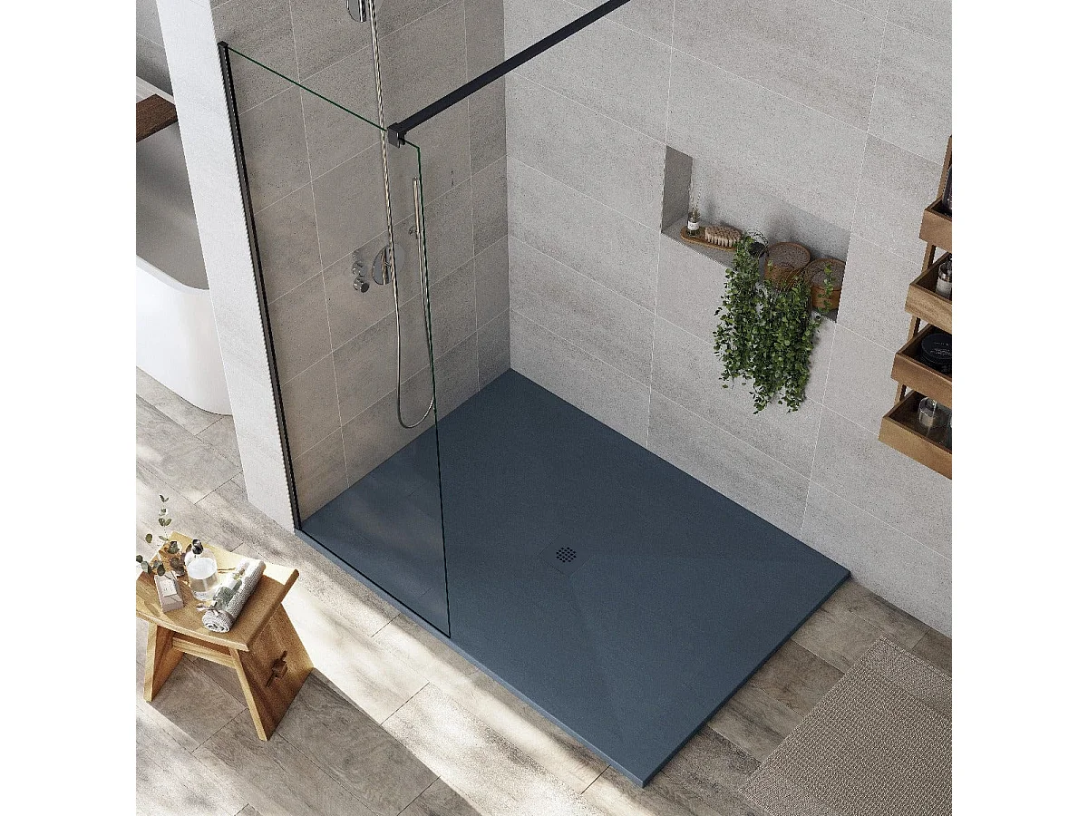 Mineralguss-Duschwanne extra flach DEXA Schieferoptik ANTHRAZIT 90x170 cm  Auslaufschutz in Farbe