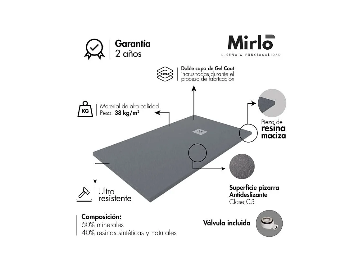 Plato de ducha resina LUX ANTRACITA  90x140cm rejilla color