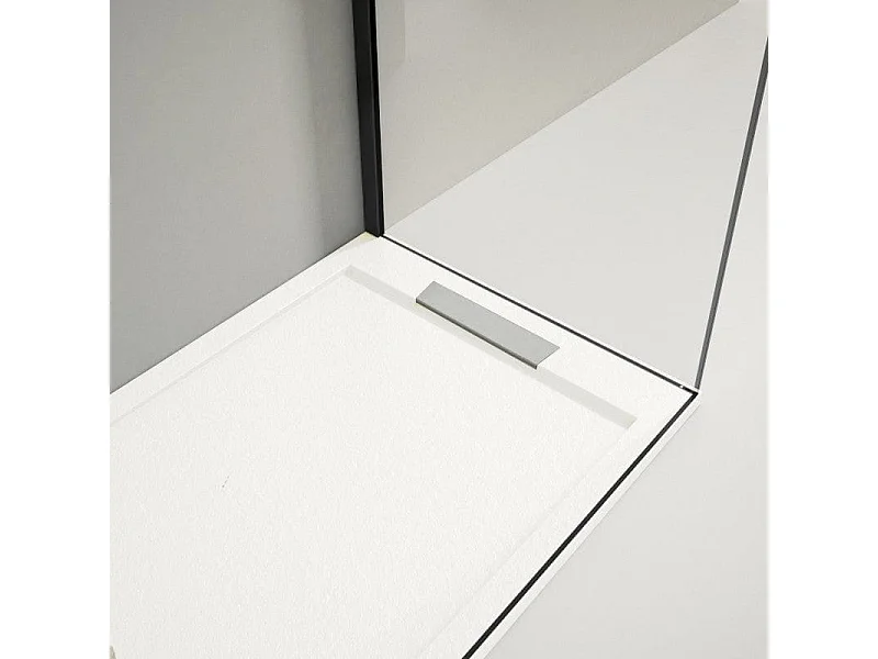 Mineralguss-Duschwanne extra flach LUX Schieferoptik weiß 80x100cm Edelstahl in chrom