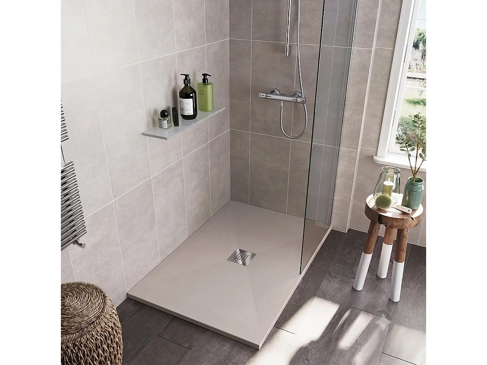 Plato de ducha pizarra DEXA crema  90x90 cm rejilla acero inox.