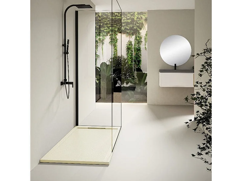 Mineralguss-Duschwanne extra flach LUX Schieferoptik beige 70x110cm Edelstahl in chrom Ablaufschutz in Chrom