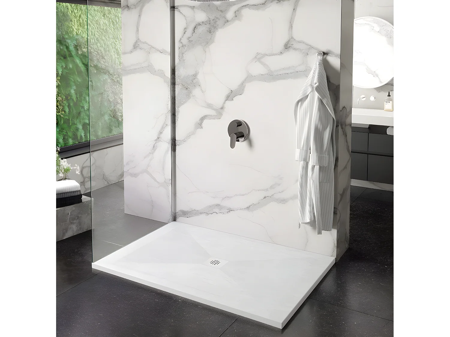 Mineralguss-Duschwanne extra flach DEXA Schieferoptik WEIß 90x160 cm