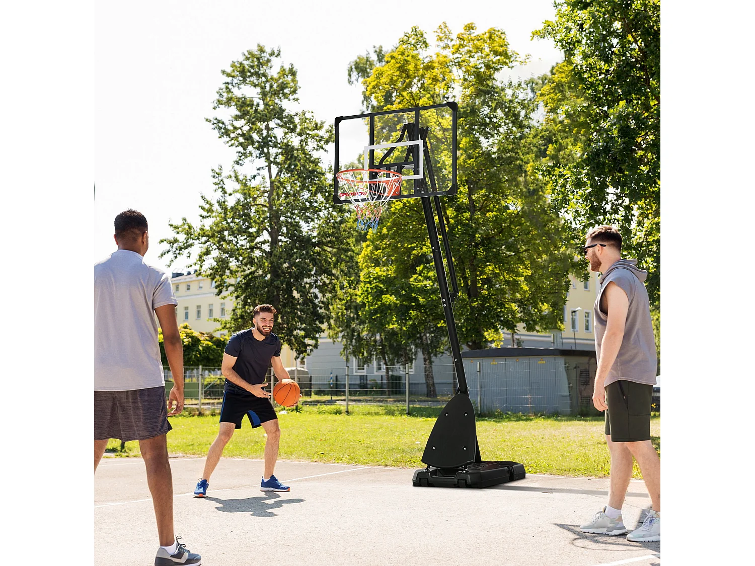 Panier de basket-ball sur pied avec base de lestage sur roulettes hauteur réglable 2,93-3,5 m acier PC noir