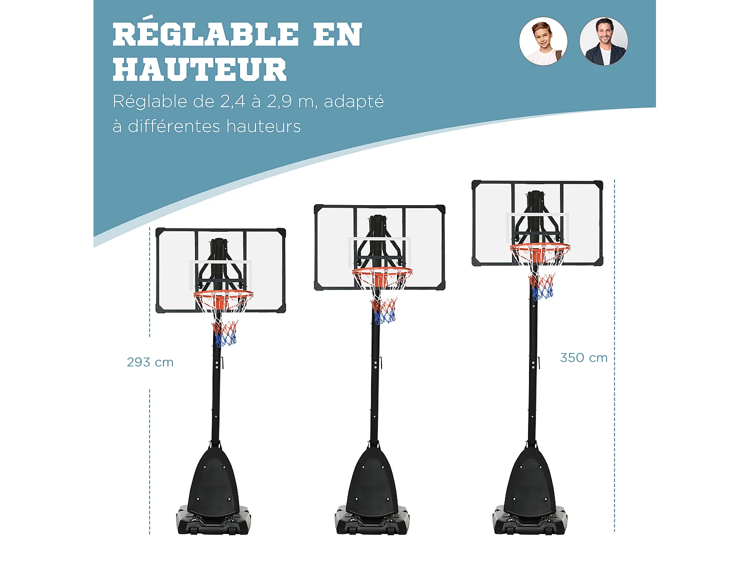Panier de basket-ball sur pied avec base de lestage sur roulettes hauteur réglable 2,93-3,5 m acier PC noir
