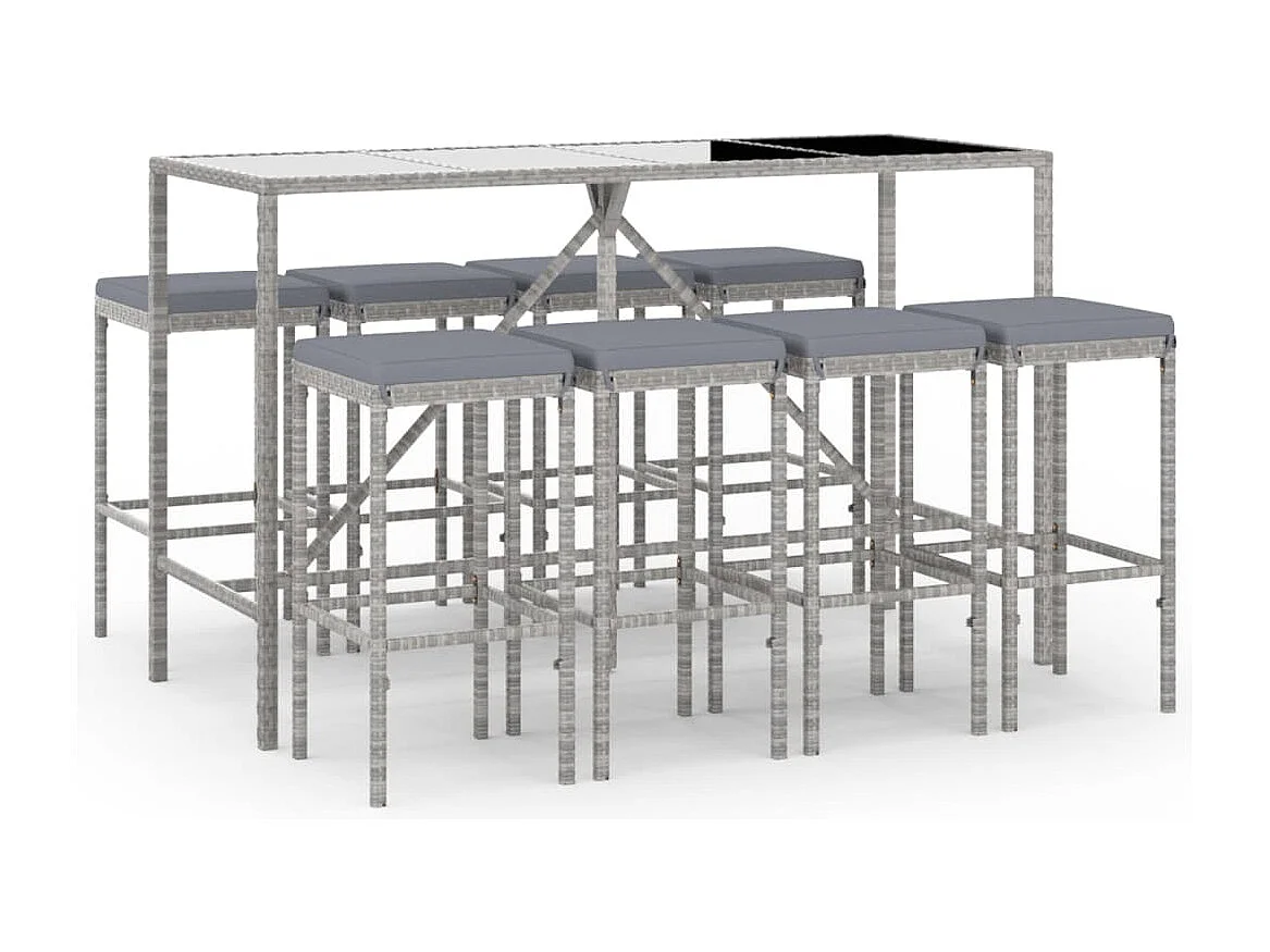 Set Bar da Giardino 9 pz con Cuscini in Polyrattan Grigio