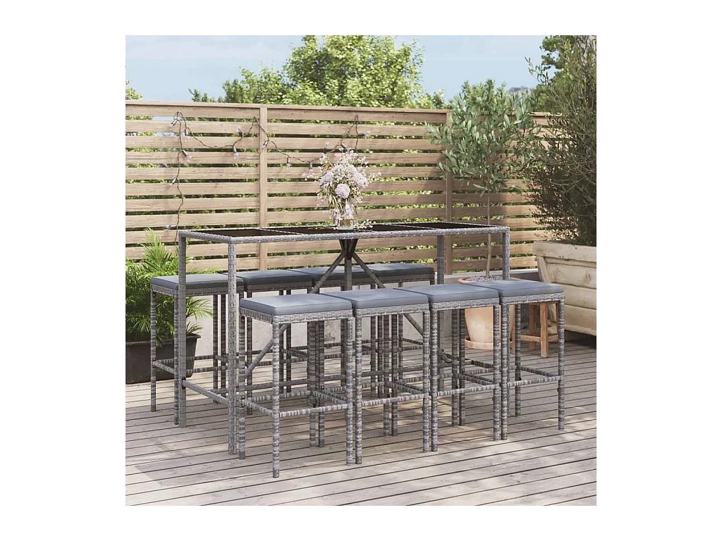 Ensemble de bar de jardin 9 pcs avec coussins gris poly rotin