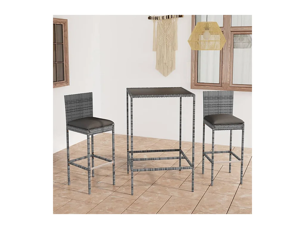 Ensemble de bar de jardin 3 pcs et coussins Résine tressée Gris