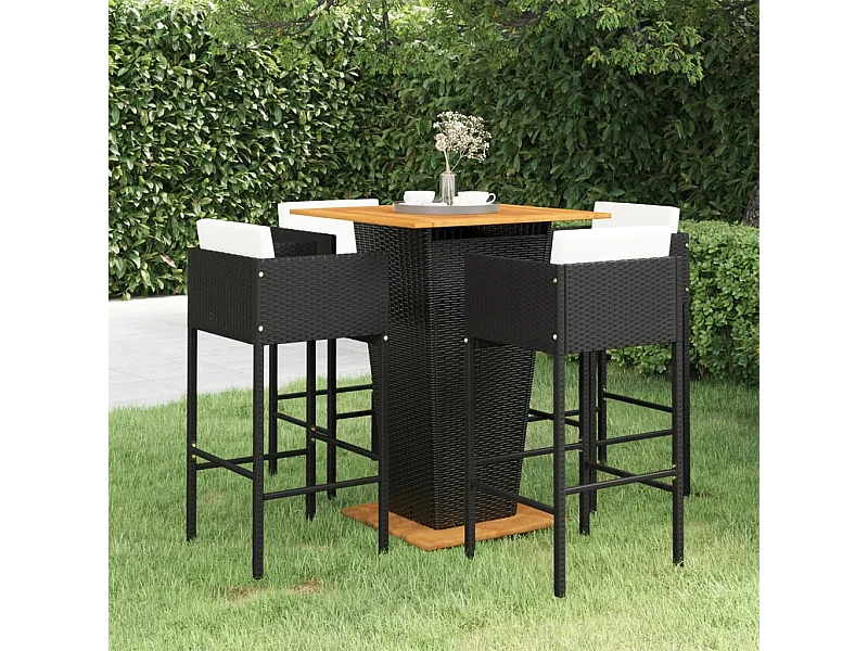 5-delige Tuinbarset met kussens poly rattan zwart