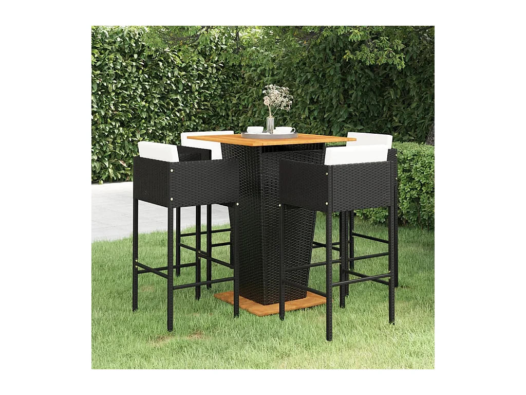 Ensemble de bar de jardin 5 pcs et coussins Résine tressée Noir