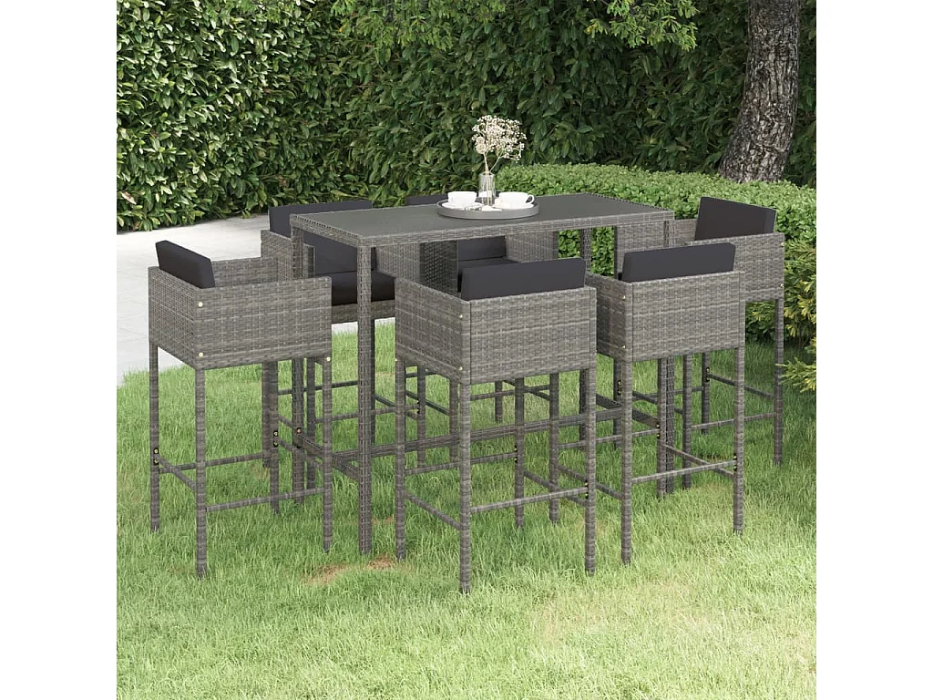 Set muebles de bar jardín 7 pzas y cojines ratán sintético gris