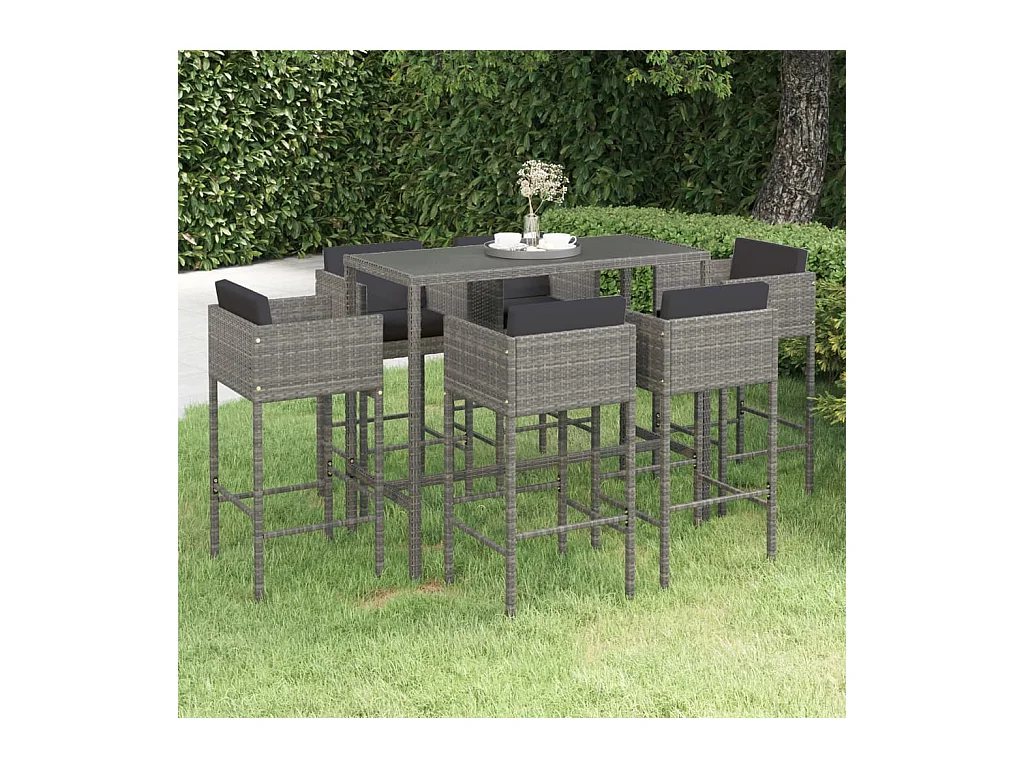 Set da Bar da Giardino 7 pz con Cuscini in Polyrattan Grigio